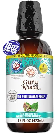 GuruNanda CocoMint Oil Pulling Mouthwash for Complete Oral Hygiene, 7 Essential Oils & Vitamins for Happy Teeth & Gums & Fresh Breath, Alcohol-Free, 16 oz