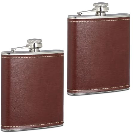Relaxdays Set da 2 Fiaschette Tascabili, 200 ml, Borraccia in Acciaio Inox con Coperchio in Finta Pelle, Marrone Argento