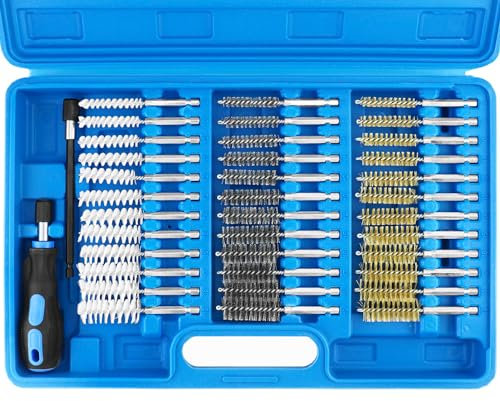 QWORK® 38-tlg. Rundbürsten Set in Nylon/Edelstahl/Messing, Ø8-19 mm Injektor Reiniger RohrreinigerBürsten mit 150mm Verlängerung zum Reinigen und Entgraten