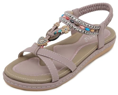 Meik Mangni Flache Sandalen Damen Sommer Bohemia Freizeit Sandals mit Strass Frauen T-Riemen Rutschfeste Strandsandaletten,Lila,Gr:37 EU