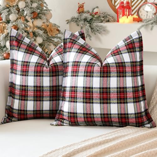 Sungeek 2er Set Weihnachten Schottisches Karo Kissenbezüge, Plaid Tartan Dekorativ Zierkissenbezüge Kissenbezug Dekokissen Deko Bezug Kissenhülle für Sofa Schlafzimmer Wohnzimmer 60x60cm (Weiß)