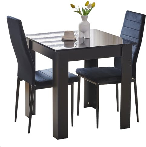 Rainbow Tree Modern 3 Piece Dining Room Table and Chairs Set, Wooden Square Table with 2 Chairs for Small Space Apartment Space Saving (Black Table+2 Black Velvet Chair)