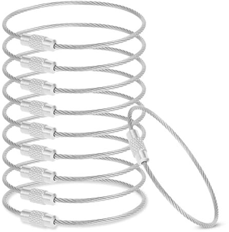 Prasacco 10 anelli portachiavi con corda metallica, 15 x 0.15 cm, in acciaio inox, morbido portachiavi con chiusura a vite, portachiavi multifunzione per bagagli, chiavi, ciondolo, Colore acciaio INOX