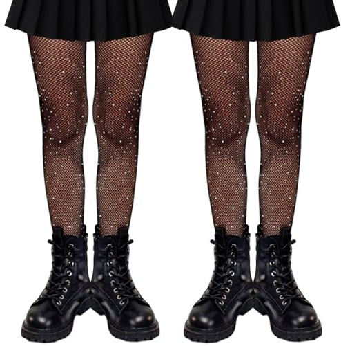 UILYNIU 2 Paires Collants en Maille Noir pour Filles, Ballet Leggings Collants Résille Brillants à Strass pour Enfants, de Danse, Bas en Résille pour Gymnastique Danse Cosplay Ballet Fêtes