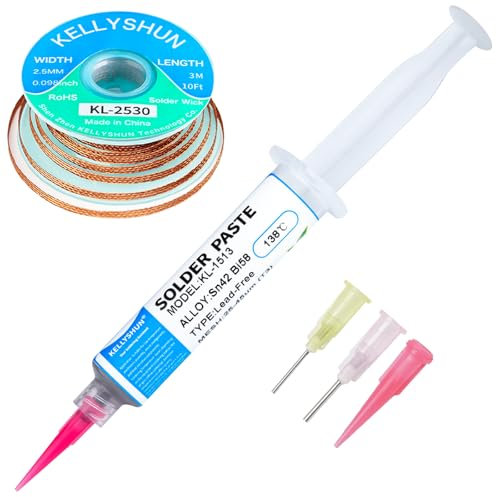 KELLYSHUN Sn42 Bi58 Pasta Saldante Senza Piombo,138℃ Pasta Saldante Stagno 30g (1 Pezzo),Treccia Dissaldante 2,5MM/3M (1 Pezzo),per Saldature di Telefoni/SMT/BGA/PCB,Ecc. Riparazione Elettronica
