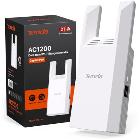 Tenda A18 Pro WLAN Router Verstärker Repeater – AC1200 Dualband mit Gigabit-LAN, 2 externen Antennen, LED-Signalanzeige, WPS, einfache Einrichtung, WPA2, App-Steuerung
