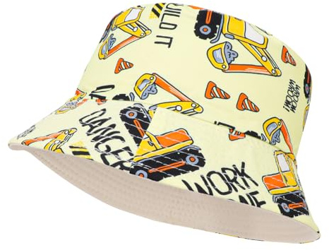 QKURT Kids Sun Hat, Summer Sun Protection Bucket Hat Reversible Beach Cap Fishing Hats, Fisherman Hats with Excavator Design for Outdoor Play for Boys 3-8 Years Old
