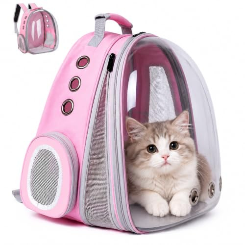 ZHUIYIWIN Cat Carrier Backpack, Expandable Cat Carrier Backpack, Ventilated Cat Bubble Backpack for Pet, Pet Carrier for Travel Hiking Walking Camping (Pink, Front Extension)