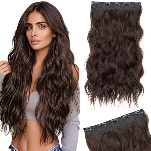 Silk-co One Piece Clip In Hair Extensions Curly 150g Hair Extensions Clip in Hairpieces 5 Clips Wavy Curly Synthetic 3/4 Half Full Head for Laides and Women 20 Inch（50 cm） Dark Brown