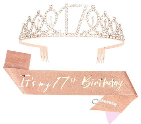 CIEHER 17th Birthday Crown and Sash for Girls, It's My 17 Bday Sash, 17th Birthday Decorations Rose Gold