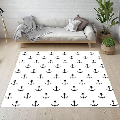 AUWUUA Anker Maritime Teppich Wohnzimmer Schlafzimmer 60x120cm Nautische Abenteuer Teppiche Kurzflor, Abstrakt Teppich Waschbar in Waschmaschine Weiß Schwarz Badematte für Esszimmer Heimbüro