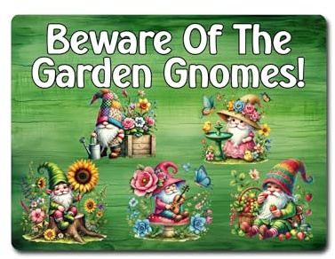 Garden Metal Sign Gift – Beware Of The Garden Gnomes - Family Fun Home Allotment Novelty Aluminium Present