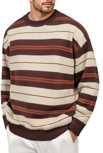 Rrongwn Maglione da uomo a righe, per il tempo libero, lavorato a maglia fine, oversize, alla moda, a maglia fine, a maniche lunghe, caffè, XXL