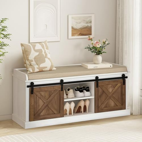 GORZING 2-Tier Shoe Storage Bench,43 Wooden Shoe Cabinet with Sliding Doors,Length Shoe Bench with Adjustable Shelves,Storage Bench for Entryway,Hallway,Bedroom