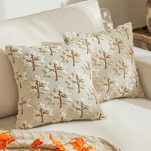La Desire Beige Soft Cushion Covers 45x45 cm Plush Embroidered Decorative Cushion Covers Pack of 2 Maple Leaf Faux Fur Cushion Covers Spring Autumn Jacquard Pillow Cases