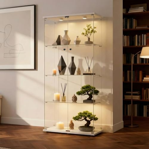 Solisburne Glasvitrine Standvitrine in Weiß, 164,5x80,6x36,5cm Moderne Vitrinenschrank mit LED Beleuchtung, Glasschrank mit 4 Glasböden und 2 Türen für Wohnzimmer Büro Sammlerstücke Wein Bücher