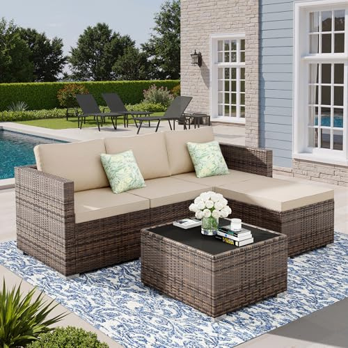ELEGIBLISS 5 Piece Patio Furniture Sets, All-Weather PE Rattan Wicker Outdoor Sectional Sofa with Cushions and Glass Table for Garden Backyard Poolside