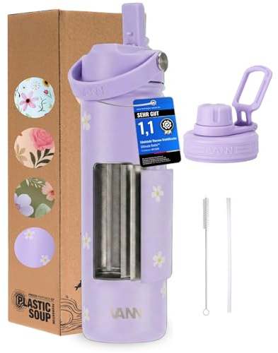 VANN Trinkflasche 650ML mit Strohhalm - Thermosflasche isoliert [24h kalt, 12h warm] - Trinkflasche Edelstahl ideal als Wasserflasche - BPA-Frei inkl. 5 Zubehörteile - Flieder