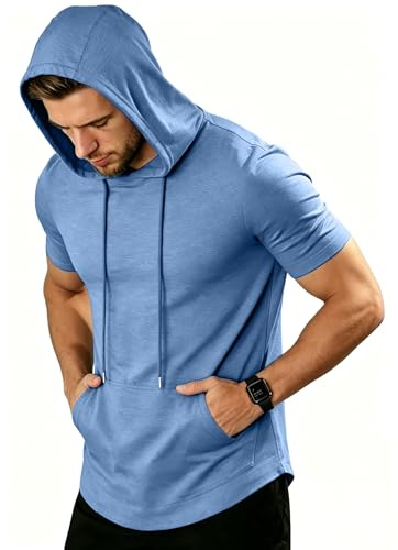 ZITY Men's Short Sleeve Hooded T‑Shirt Muscle Fit Workout Gym Pullover Top Lightweight Summer Athletic Shirts with Pocket for Running Hiking Light Blue L