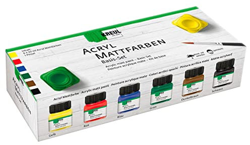 KREUL 75600 - Acryl Mattfarben im Set, cremig deckende, schnelltrocknende Farbe auf Wasserbasis, für viele verschiedene Untergründe geeignet, 6 x 20 ml Farbe und ein Pinsel