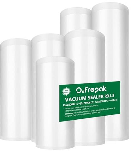 O2frepak 6Rouleau15x600cm(1)et20x600cm(3)et28x600cm(2)Rouleau Sacs Pour Machine Sous Vide Alimentaire,sans BPA et LFGB Sac de Congelation Sous Vide,Compatible Avec n'importe Quelle Scelleuse Sous Vide
