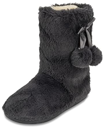 Polar Women’s Faux Fur Slipper Boots - Memory Foam Indoor Bootie Slippers with Anti?Slip Sole, Cozy Sherpa Lining & Pompom Detail - Warm Winter House Footwear - Dark Grey - UK 6