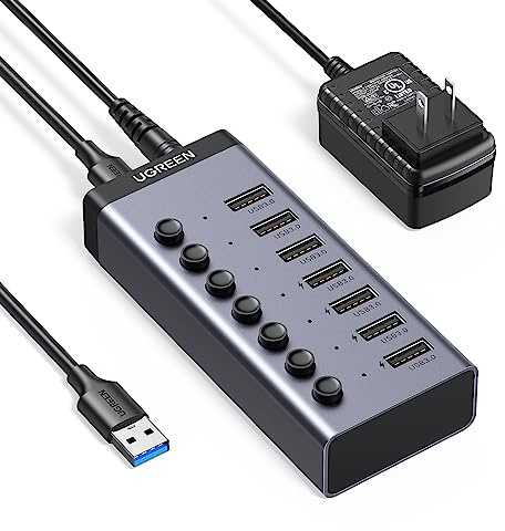 UGREEN Powered USB 3.0 Hub, 7-Port USB Adapter with 4 Smart Charging Ports, USB Splitter with Individual Led On/Off Switches and Power Adapter, USB Ports Extender for Laptop PC