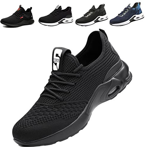 Scarpe Antinfortunistiche Uomo Donna Leggere Scarpe da Lavoro con Punta in Acciaio Traspiranti Antiscivolo Scarpe Sportive di Sicurezza 08 Puro Nero EU 39