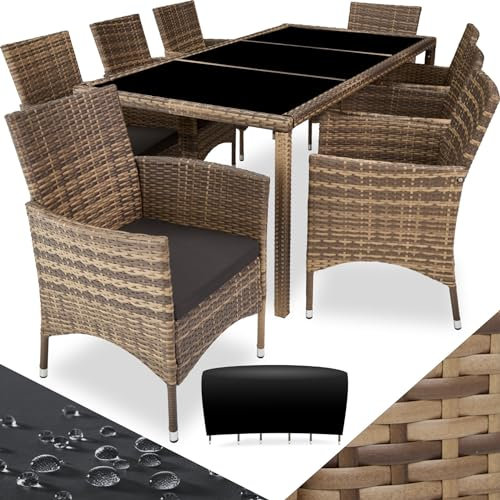 tectake® edles Outdoor Gartenmöbel Set Rattan Sitzgruppe mit Sessel und Tisch für 8 Personen, inkl. Schutzhülle und Polstern, Balkon Möbel wetterfest - Natur/dunkelgrau