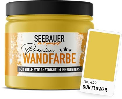 SEEBAUER diy Wandfarbe Gelb 300ML für Innen (No. 449 Sun Flower) Edelmatte sonnengelbe Innenfarbe - Gelbtöne sehr hohe Deckkraft - Matt, Abwaschbar und Tropffrei
