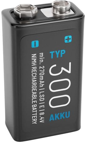 ABSINA 1x Pilas 9V Recargables 300 con Baja Autodescarga - Pila 9V de Bloque NiMH con 8,4V y al Menos 270mAh - Pila 9V Recargable, 9V Battery, bateria 9V, Pila 9V 6LR61, Pila Recargable 9V, 6F22 9V