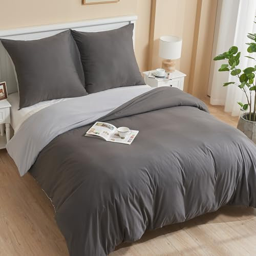 ohano Bettwäsche 135x200 2 Teilig Bettbezug Bettwäsche-Sets,Mikrofaser Bettbezug 135x200 cm + 1 Kissenbezug 80x80 cm mit Reißverschlus,kuschelig weich,Ganzjahres Bettwäsche-Sets-Anthrazit/Hellgrau