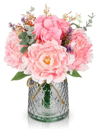 Oaise Fiori artificiali con vaso, peonia artificiale, ortensia, fiori di seta rosa, realistici, composizione floreale per casa, cucina, soggiorno, tavolo, centrotavola, ufficio, decorazioni per feste