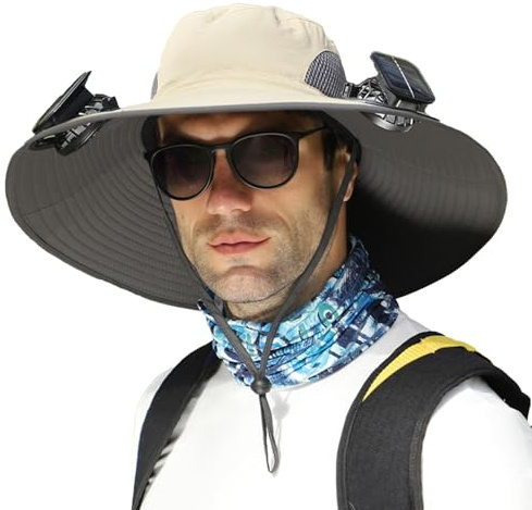 Chapeau d'extérieur à large bord avec ventilateurs, chapeau de ventilateur solaire à large bord - Chapeau de soleil respirant - Chapeau de ventilateur solaire UPF50+, chapeau de pêche en plein air, ch