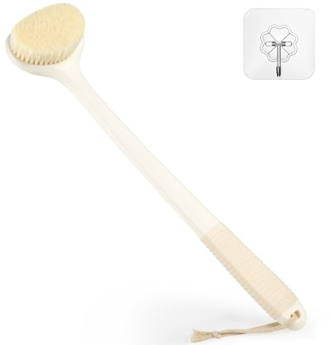 VANZAVANZU Ryggborste för Dusch, Badborste med 43 cm Halkfritt Handtag, Kroppsborste för Vått och Torrt Bruk, Rengöringsborste för Kroppen, Ryggborste för Män och Kvinnor, Krämvit