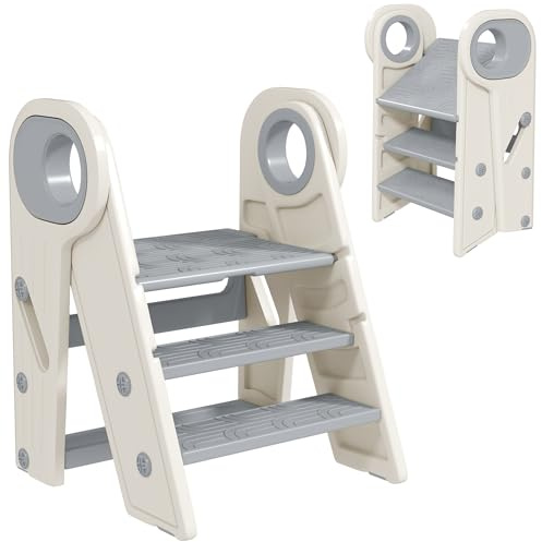 AIYAPLAY Taburete para Niños Plegable Torre de Aprendizaje Ajustable Escalera para Niños de 18-60 Meses Antideslizante para Baño Cocina Librería Dormitorio Gris y Blanco