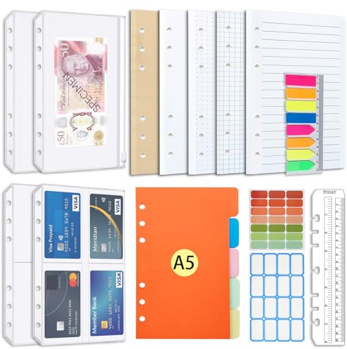 AQTAQ A5 Refill Paper Set, A5 Flipchart Paper with 6 Holes and Housekeeping Cards, Zip Pockets, Dividers, Rulers, Sticky Notes, Etc. for 6-Ring Binder Journal Notebook