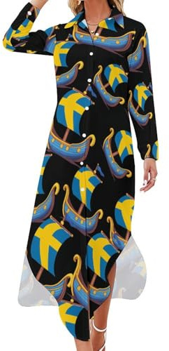 Svenskt vikingaskepp Sverige Sverige flagga damklänningar långärmad skjortklänning maxi lång klänning blusklänning casual, Stil, XL