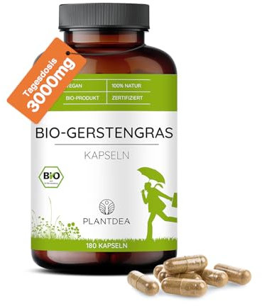 PlantDEA Bio Gerstengras Kapseln I 3000mg Tagesdosis I 180 Gerstengras-Kapseln hochdosiert I laborgeprüft I Bio Gerstengras Pulver I veganes Gerstengras-Präparat I Ohne Zusätze I PlantDEA