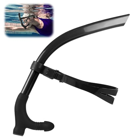 Lap Swimming Swim Snorkel, Center‑Mount Training Snorkel with Comfortable Silicone Mouthpiece and One‑Way Purge Valve, No‑Slip Adjustable Head Bracket, for Adult & Junior, Pool & Open Water