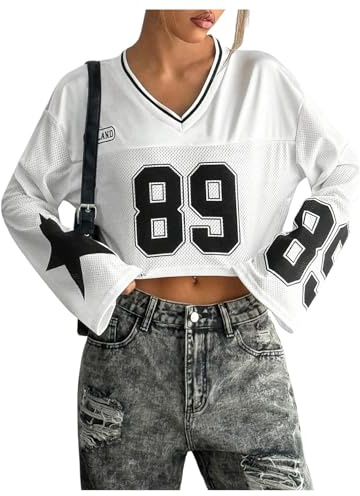 GORGLITTER Women's Jersey Shirts for Women Number Graphic V Neck Long Sleeve Loose Mesh 90s Crop Tee Tops White Large