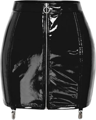 Sinleey Women Wetlook Minigonna Bodycon con Zip Trasparente Pizzo in Pu Pelle Gonna Corta con Lacci Nero XL
