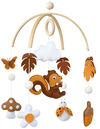 Mobile Baby Windspiele, Eichhörnchen, Holz mit Pilz Schmetterling Filzbällen 3D Wolken, Bettglocke Anhänger für Babybett, Jungen und Mädchen