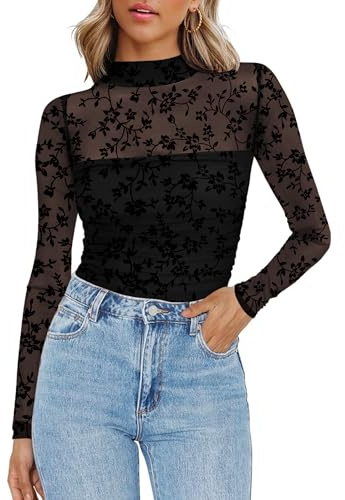 Zeagoo Mesh Top Women's Transparent T-Shirt Round Neck Mesh Shirt Long Sleeve Sexy Party Tops Slim Fit Long Sleeve Shirt Clubwear, Black Floral, L