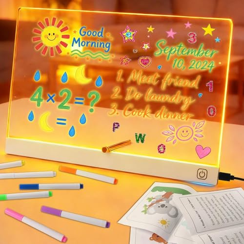 BlueXP Pizarra LED Blanca Niños Acrílica Reutilizable | Mesa dibujo luminosa DIY con rotuladores neón y accesorios regalo educativo para estudiantes