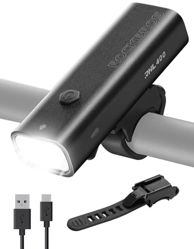 ROCKBROS Uppladdningsbart LED-framljus, 400 lumen kraftfullt LED TYPE-C uppladdningsbart IPX6 vattentätt, MTB bergcykel hybrid vägcykelstrålkastare, 4 ljuslägen passar alla cyklar