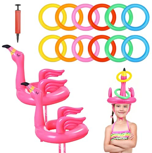 yolzhxe 14 Pezzi Gioco Lancio Fenicottero Gonfiabile Anello, Set Anelli Lancios Fenicotteros Festa con 12 colore Anell, Anelli per Lancio Fenicottero, per Gioco da Piscina per Bambini
