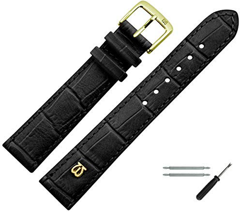 MARBURGER Uhrenarmband 20mm Leder Schwarz Gold Alligator Prägung Mit Naht - Montage Set 5282010000220