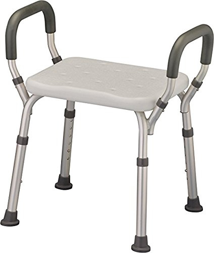 HEALTHLINE Adjustable Shower Bench with Arms – Lightweight Bath Seat with Padded Handles, Height 15–20, White Plastic Seat with Drainage Holes, for Balance Assistance in Shower/Tub, 300 lb Capacity