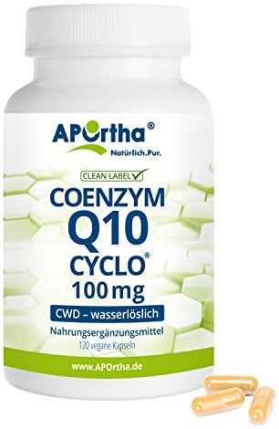 APOrtha® Coenzym Q10 CWD 100 mg - 120 vegane Kapseln, CoQ10 Kapseln hochdosiert 100mg, hohe Bioverfügbarkeit durch wasserlösliches Ubiquinon, Tagesdosis 1 Kapsel
